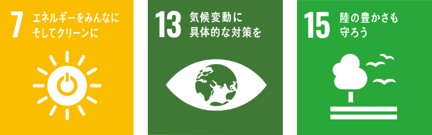 7 エネルギーをみんなにそしてクリーンに　13 気候変動に具体的な対策を　15 陸の豊かさも守ろう